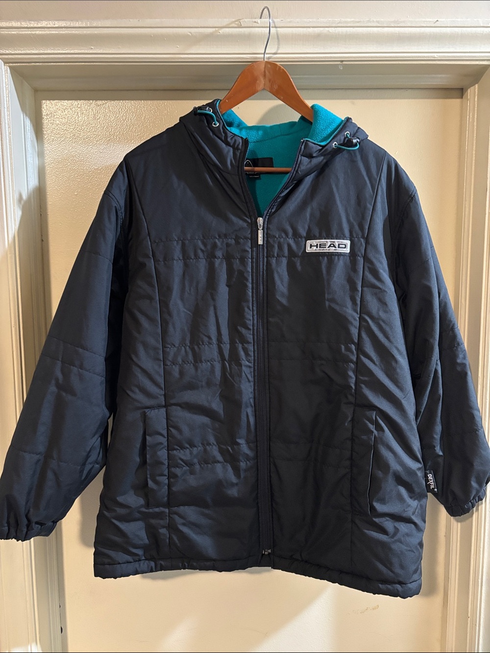 Head Black Mens Puffer Jacket with Teal Hood Lining Size M